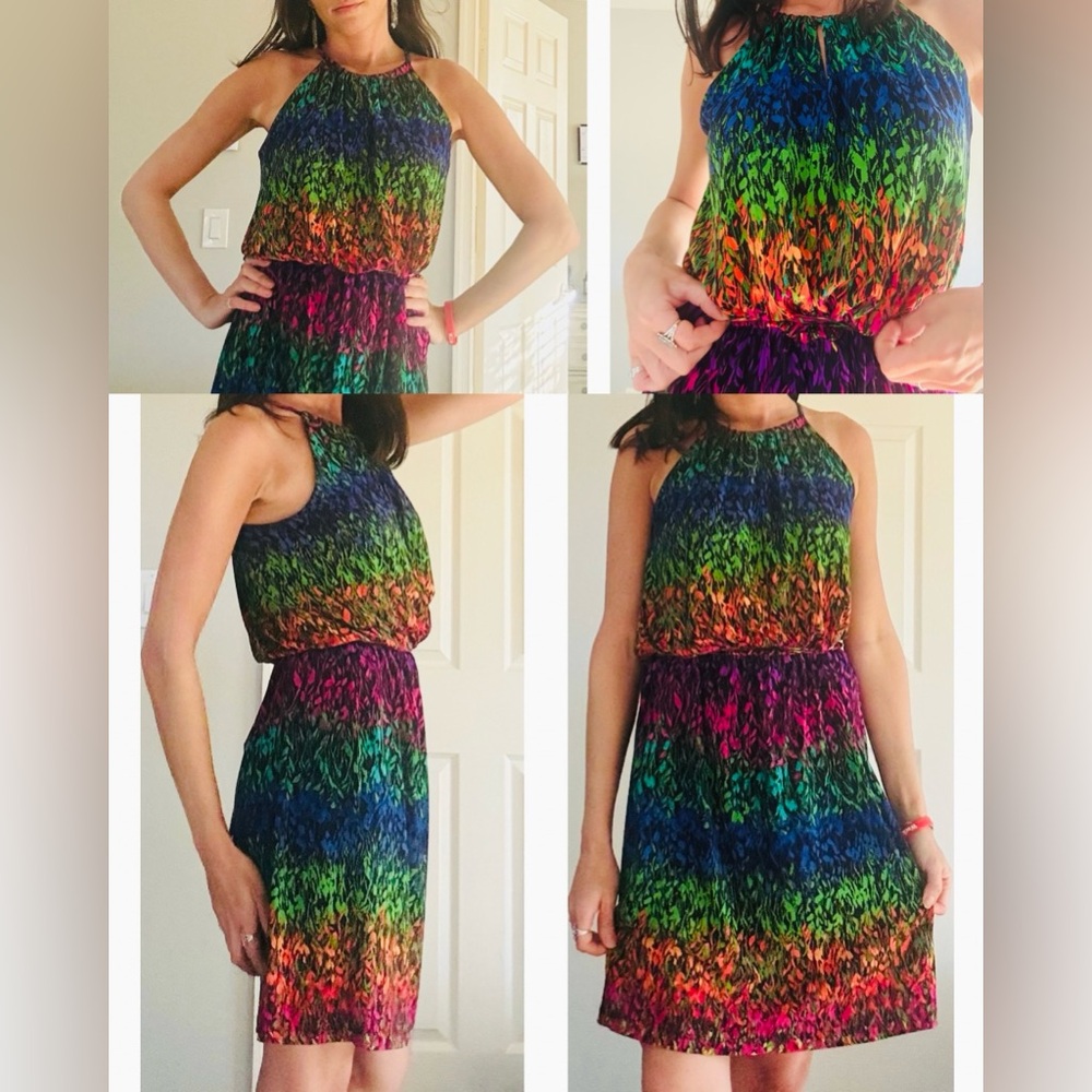 London Times Blue and Green Pleated Halter Dress
